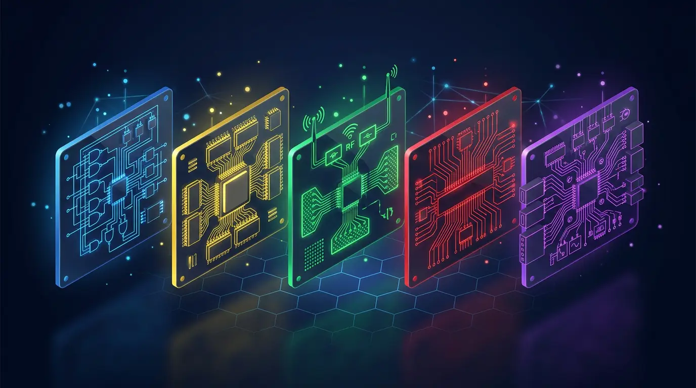 Five floating circuit-simulator preview cards arranged in a comparison layout.