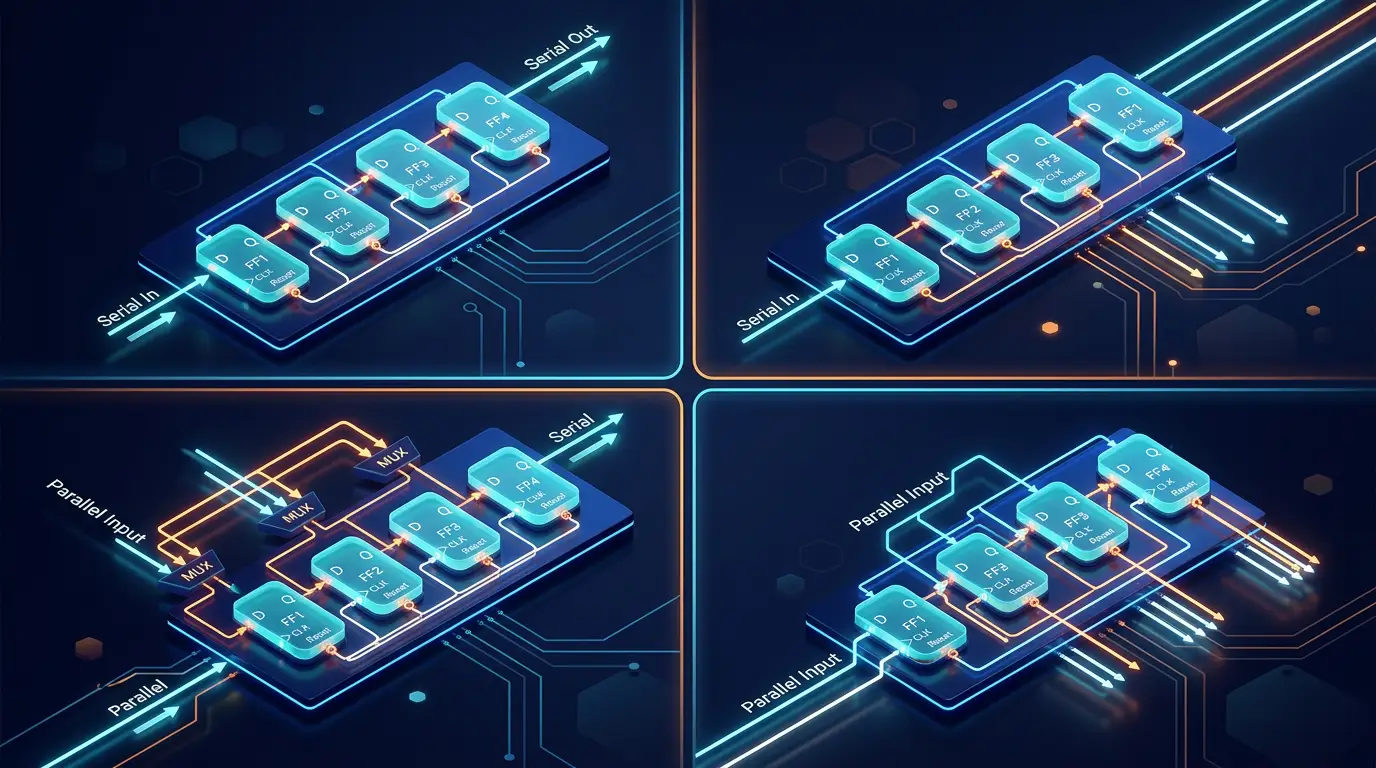 Four shift-register configurations arranged as a quadrant, each showing a different serial/parallel I/O combination.