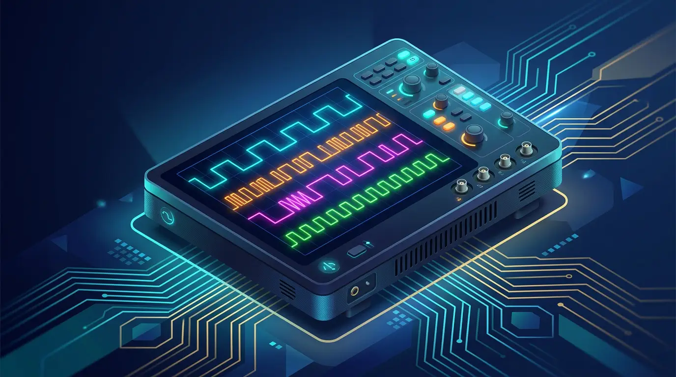 An oscilloscope screen displaying multiple digital signal traces, glowing waveforms on a dark grid.