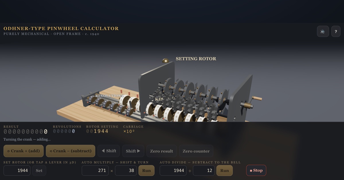 Pinwheel Mechanical Calculator — interactive 3D exhibit