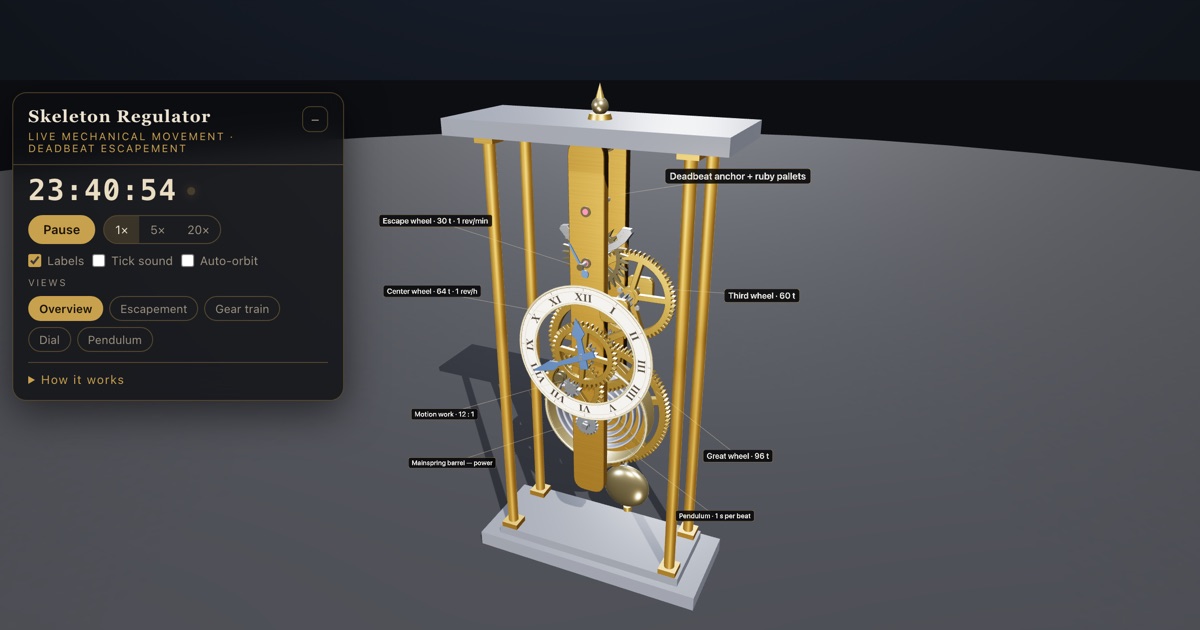 Skeleton Regulator Clock — interactive 3D exhibit