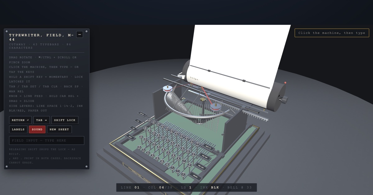 Field Typewriter, Cutaway — interactive 3D exhibit
